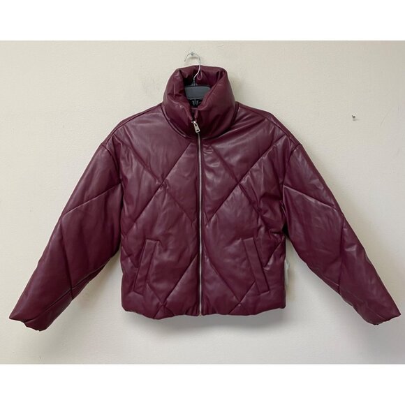 CoffeeShop Jackets & Blazers - CoffeeShop Women's Juniors Maroon Collared Quilted Faux Leather Puffer Coat NWT